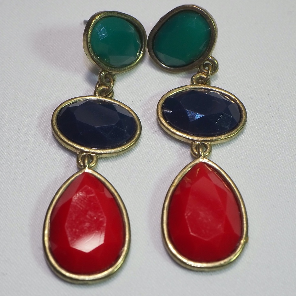 Green, blue and red dangle earrings